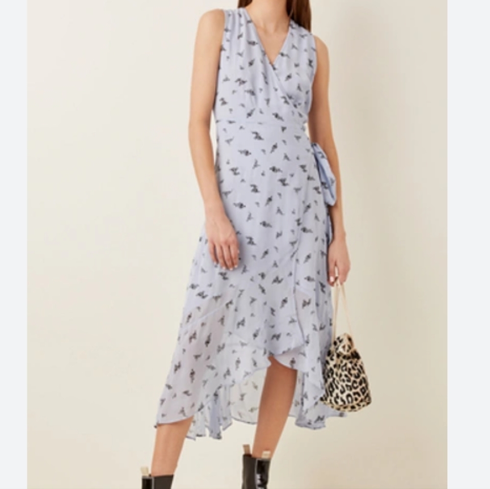 Ganni Floral Printed Georgette Wrapped Midi Dress in Blue Size 38 US 2